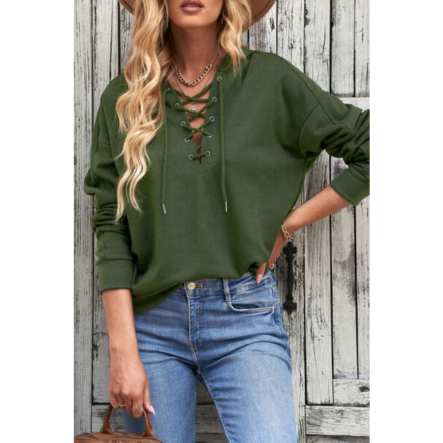 Lace - Up Dropped Shoulder Hoodie Black Forest / S Apparel and Accessories