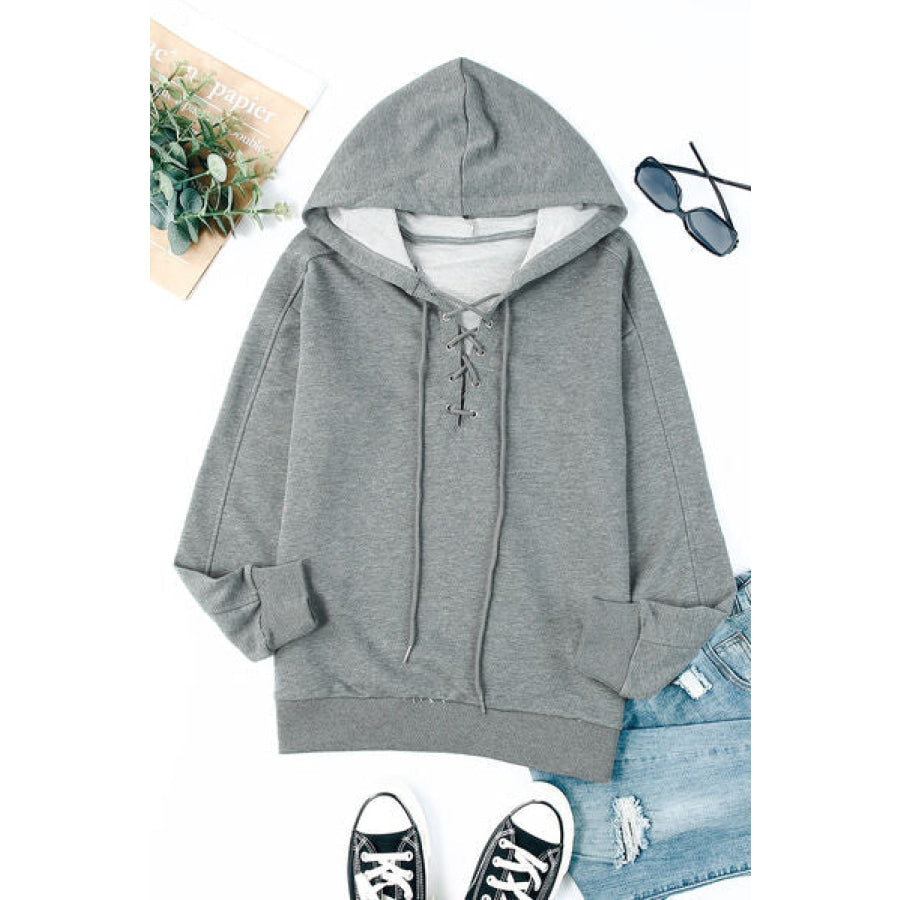 Lace - Up Dropped Shoulder Hoodie Charcoal / S Apparel and Accessories