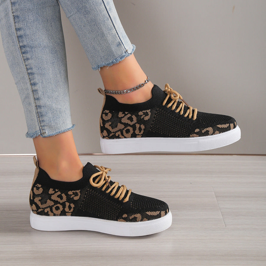 Lace - Up Leopard Flat Sneakers Apparel and Accessories