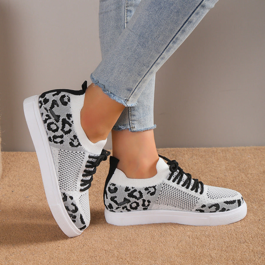 Lace - Up Leopard Flat Sneakers Apparel and Accessories