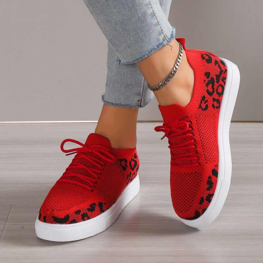 Lace - Up Leopard Flat Sneakers Apparel and Accessories