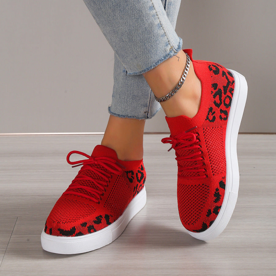 Lace - Up Leopard Flat Sneakers Apparel and Accessories