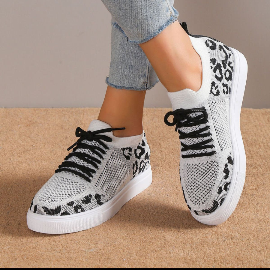 Lace - Up Leopard Flat Sneakers Apparel and Accessories