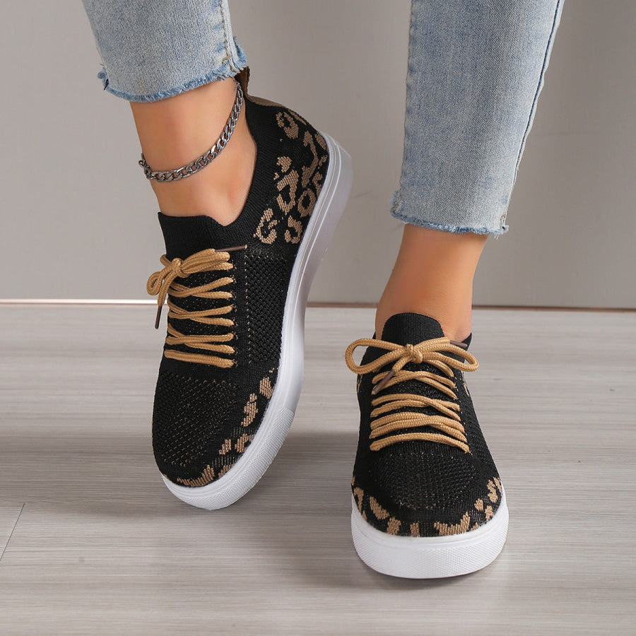 Lace - Up Leopard Flat Sneakers Black / 36(US5) Apparel and Accessories