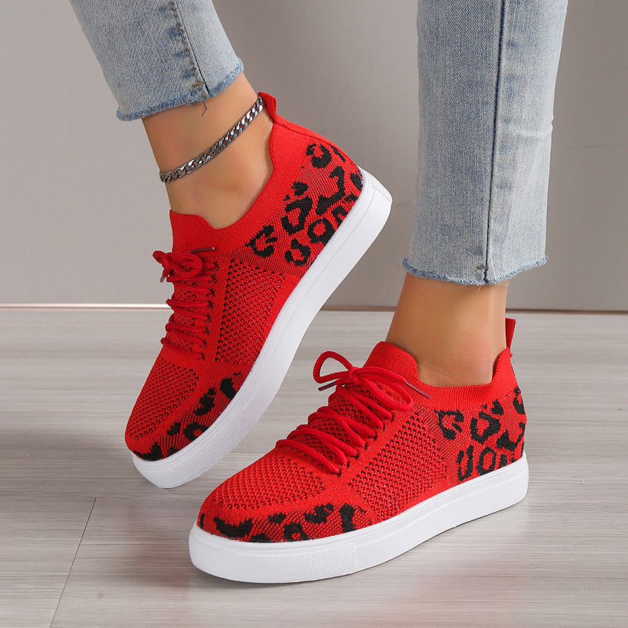 Lace - Up Leopard Flat Sneakers Red / 36(US5) Apparel and Accessories