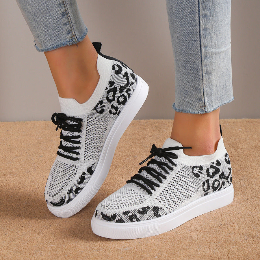Lace - Up Leopard Flat Sneakers White / 36(US5) Apparel and Accessories