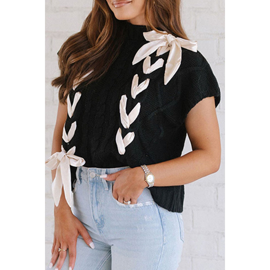 Lace-Up Mock Neck Short Sleeve Sweater Black / S Apparel and Accessories