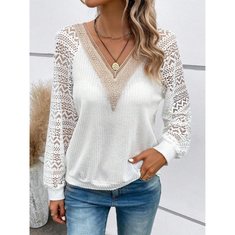 Lace V - Neck Raglan Sleeve Top White / S Apparel and Accessories