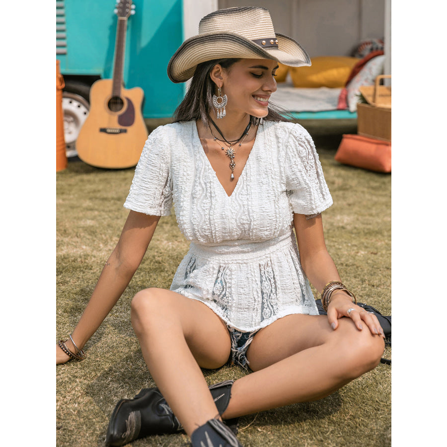 Lace V-Neck Short Sleeve Top Apparel and Accessories