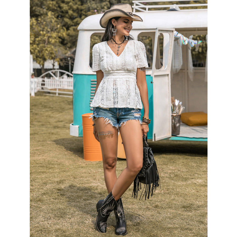 Lace V-Neck Short Sleeve Top Apparel and Accessories