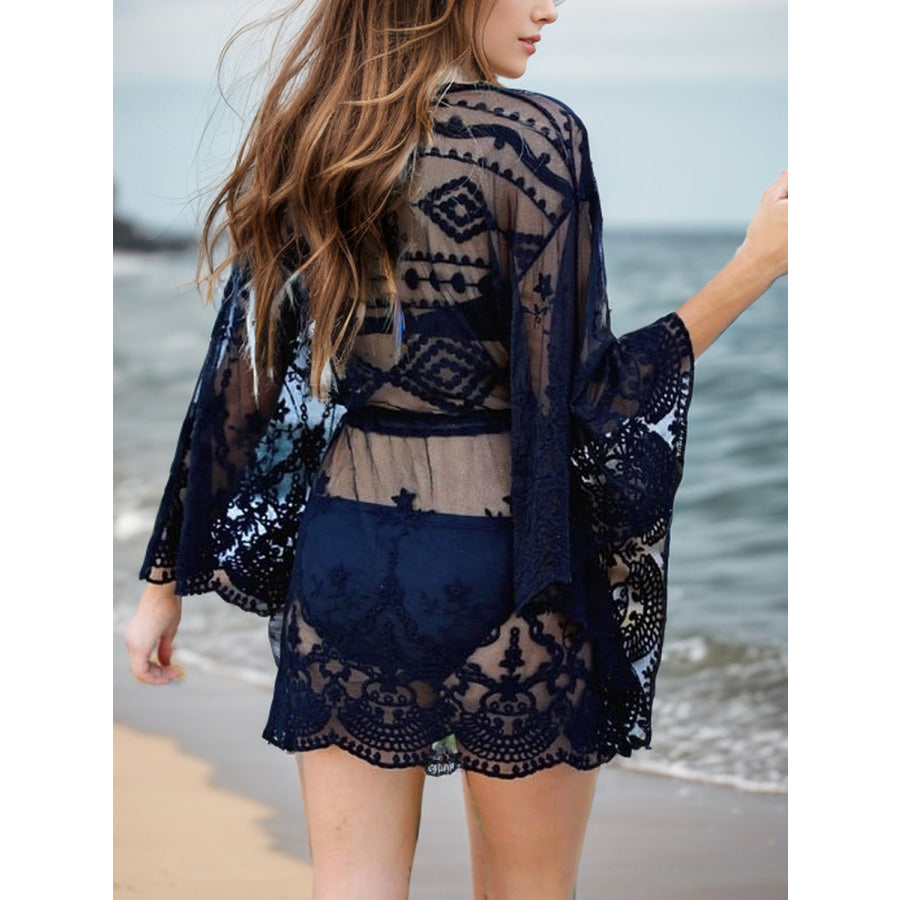 Lace V-Neck Three-Quarter Sleeve Cover Up Black / One Size Apparel and Accessories