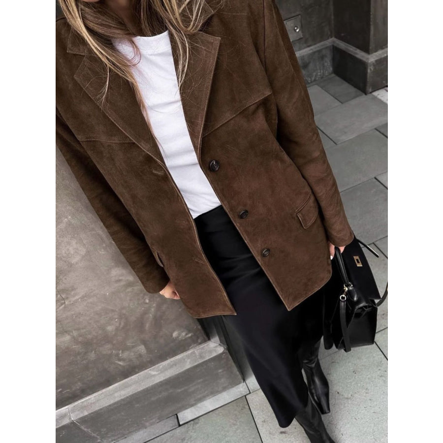 Lapel Collar Button Up Jacket Brown / S Apparel and Accessories