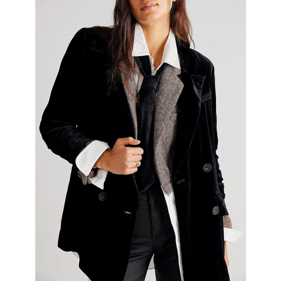 Lapel Collar Long Sleeve Blazer with Pockets Apparel and Accessories