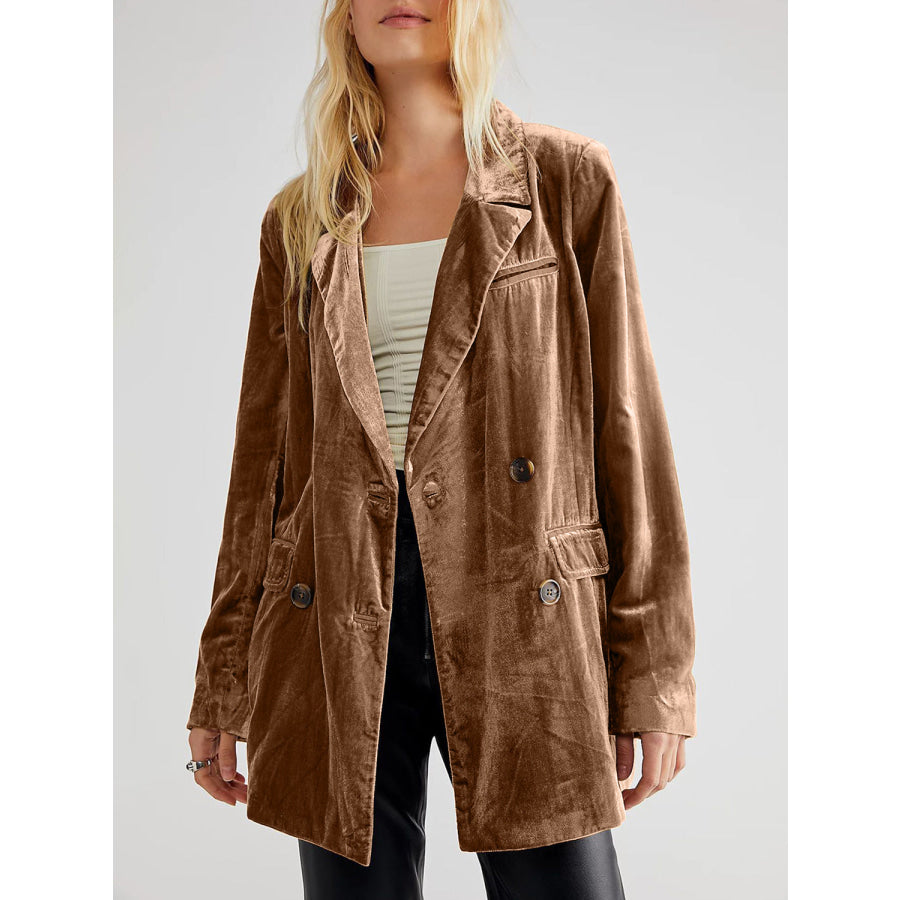 Lapel Collar Long Sleeve Blazer with Pockets Camel / S Apparel and Accessories