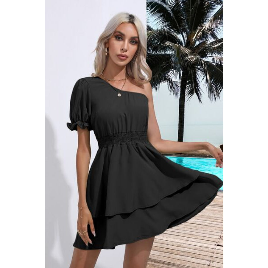 Layered Single Shoulder Flounce Sleeve Mini Dress Clothing