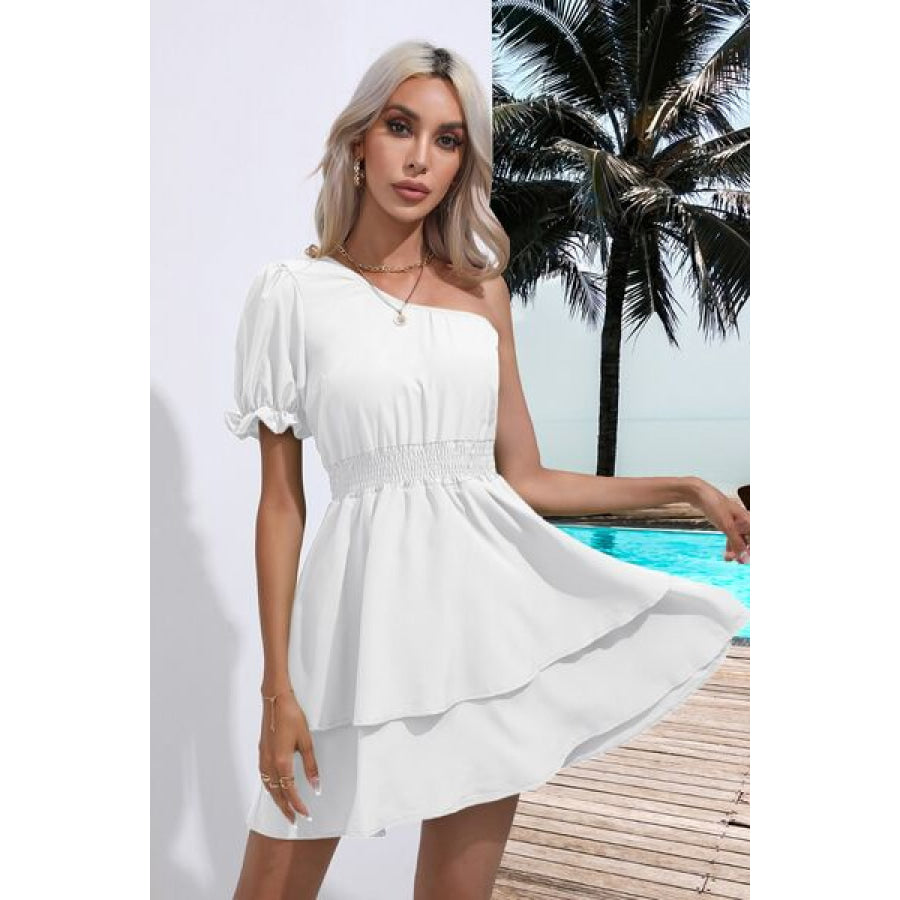 Layered Single Shoulder Flounce Sleeve Mini Dress Clothing