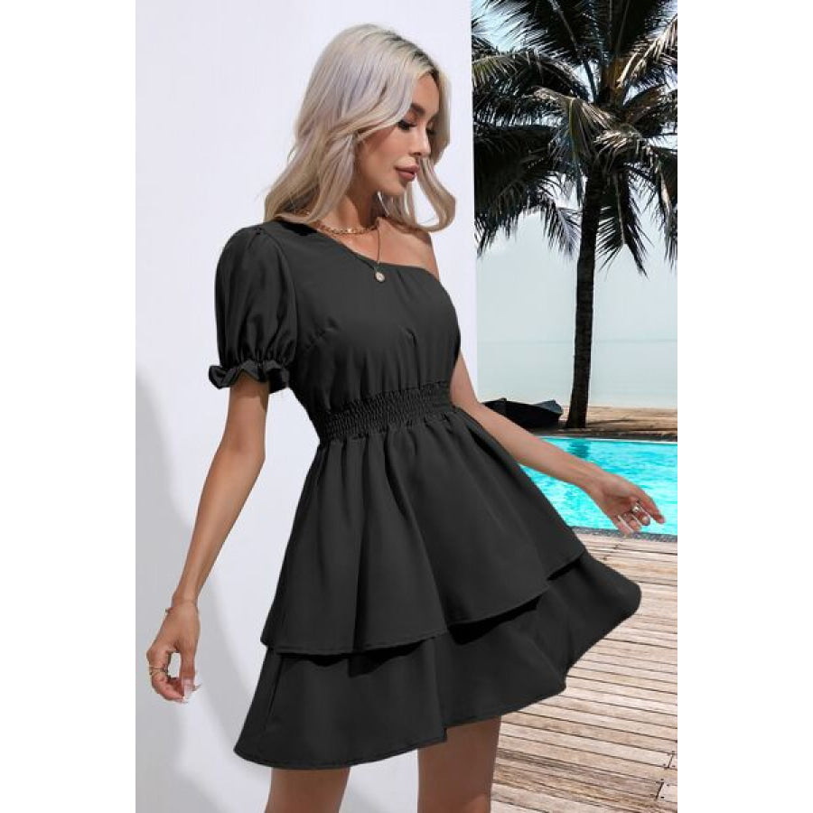Layered Single Shoulder Flounce Sleeve Mini Dress Clothing