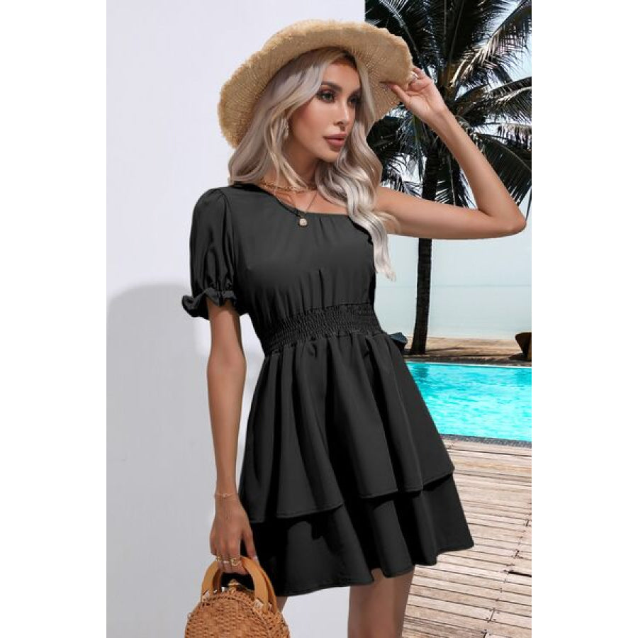 Layered Single Shoulder Flounce Sleeve Mini Dress Clothing