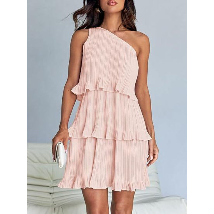 Layered Single Shoulder Mini Dress Blush Pink / S Apparel and Accessories