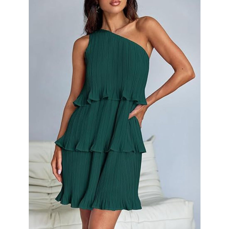 Layered Single Shoulder Mini Dress Dark Green / S Apparel and Accessories
