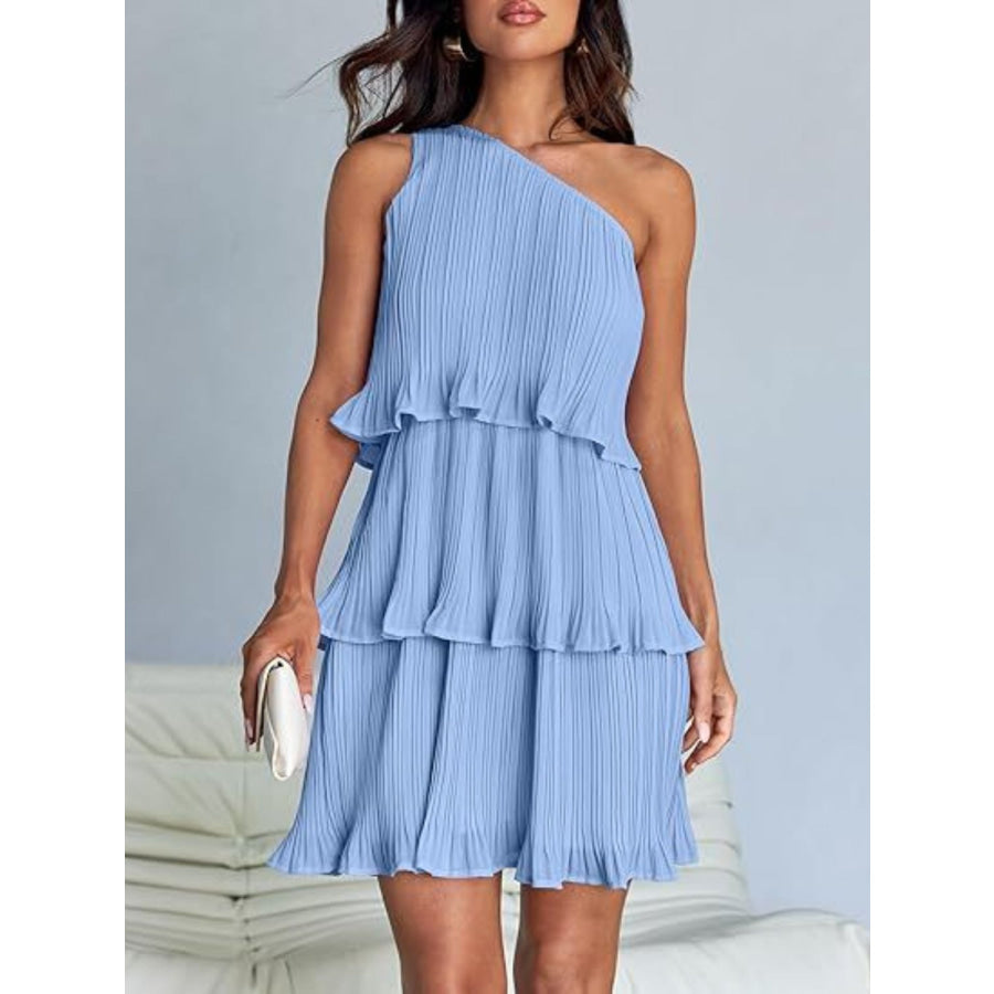 Layered Single Shoulder Mini Dress Light Blue / S Apparel and Accessories