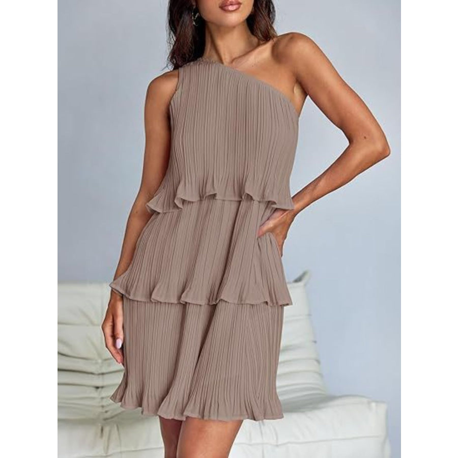 Layered Single Shoulder Mini Dress Mocha / S Apparel and Accessories