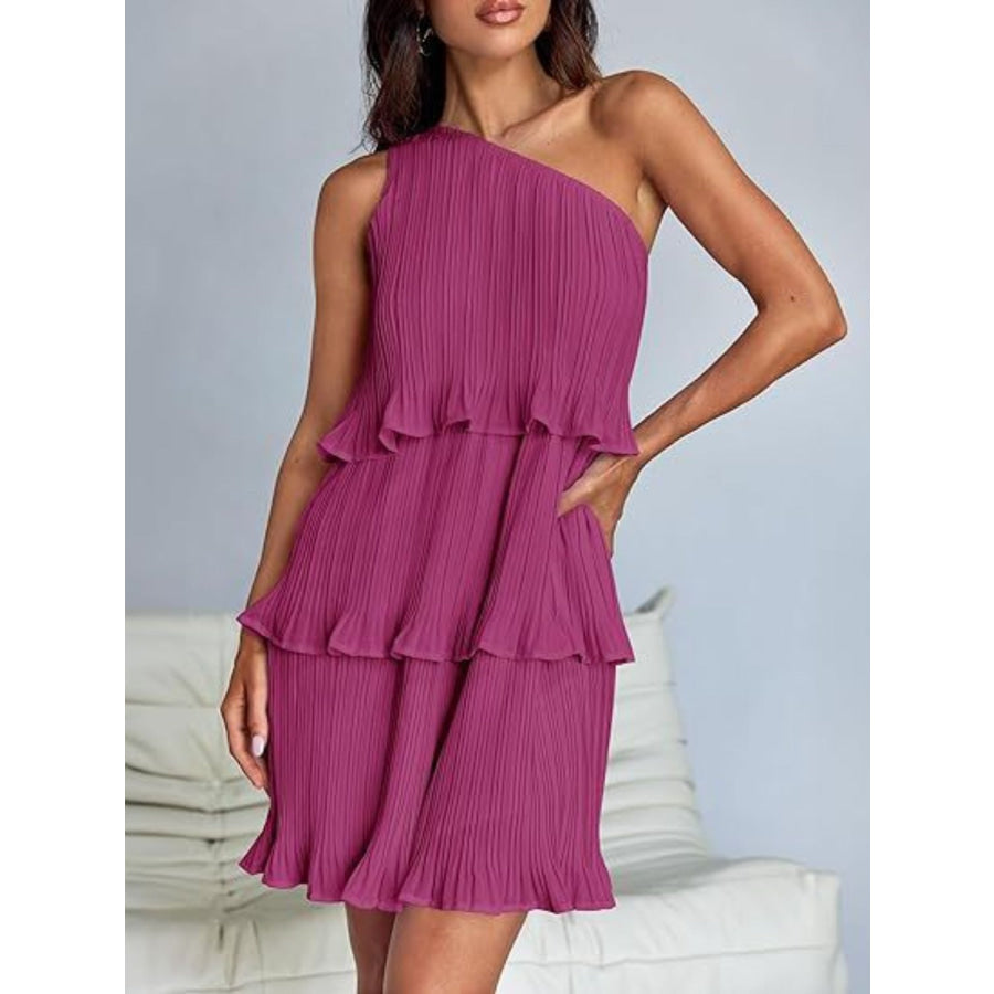 Layered Single Shoulder Mini Dress Red-Violet / S Apparel and Accessories