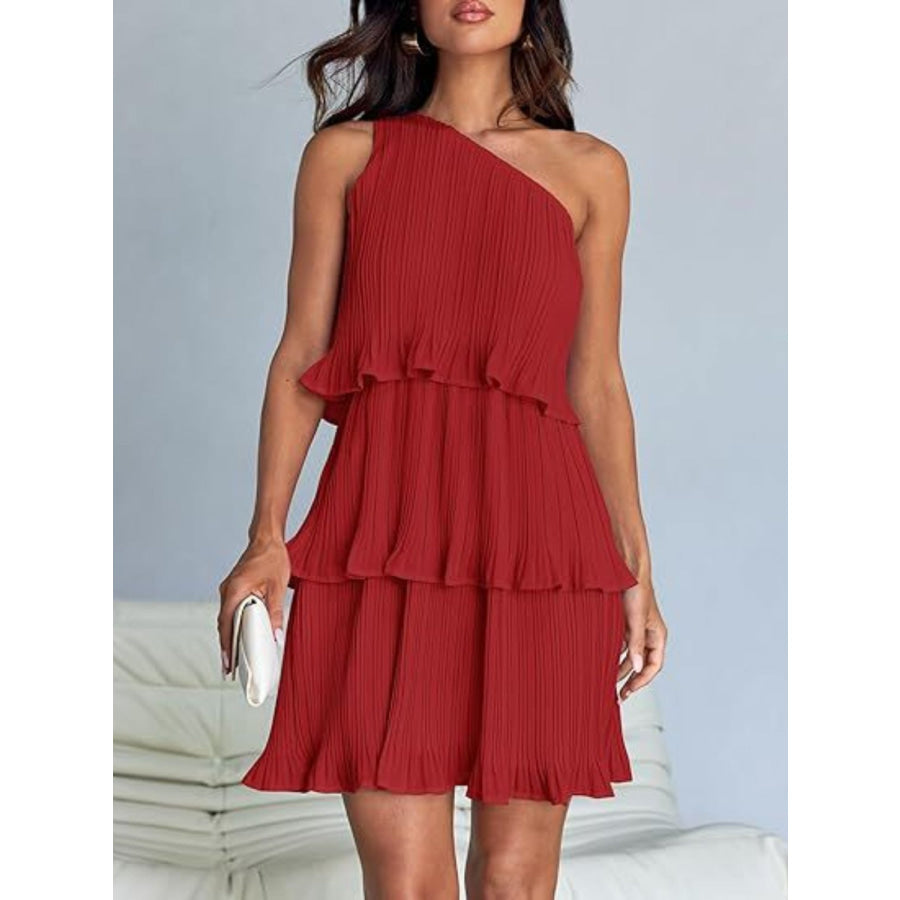 Layered Single Shoulder Mini Dress Scarlet / S Apparel and Accessories
