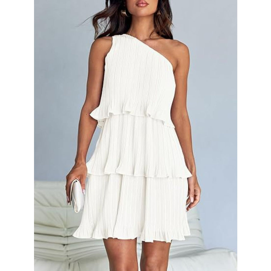 Layered Single Shoulder Mini Dress White / S Apparel and Accessories