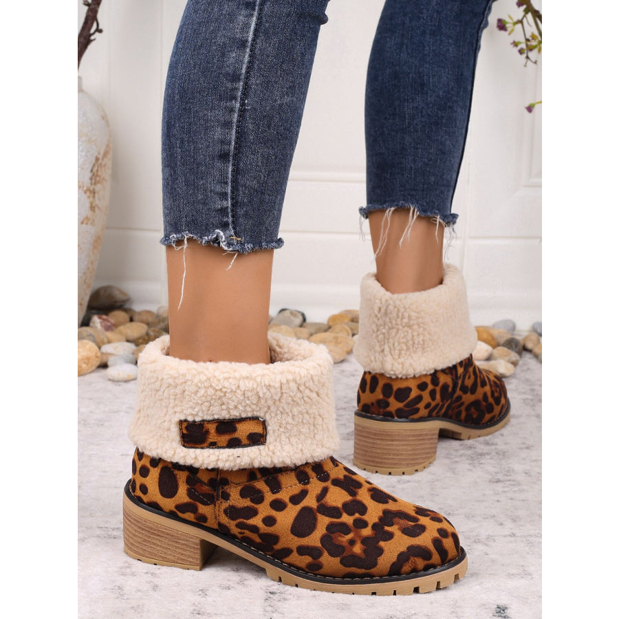 Leopard Block Heel Fuzzy Boots Apparel and Accessories