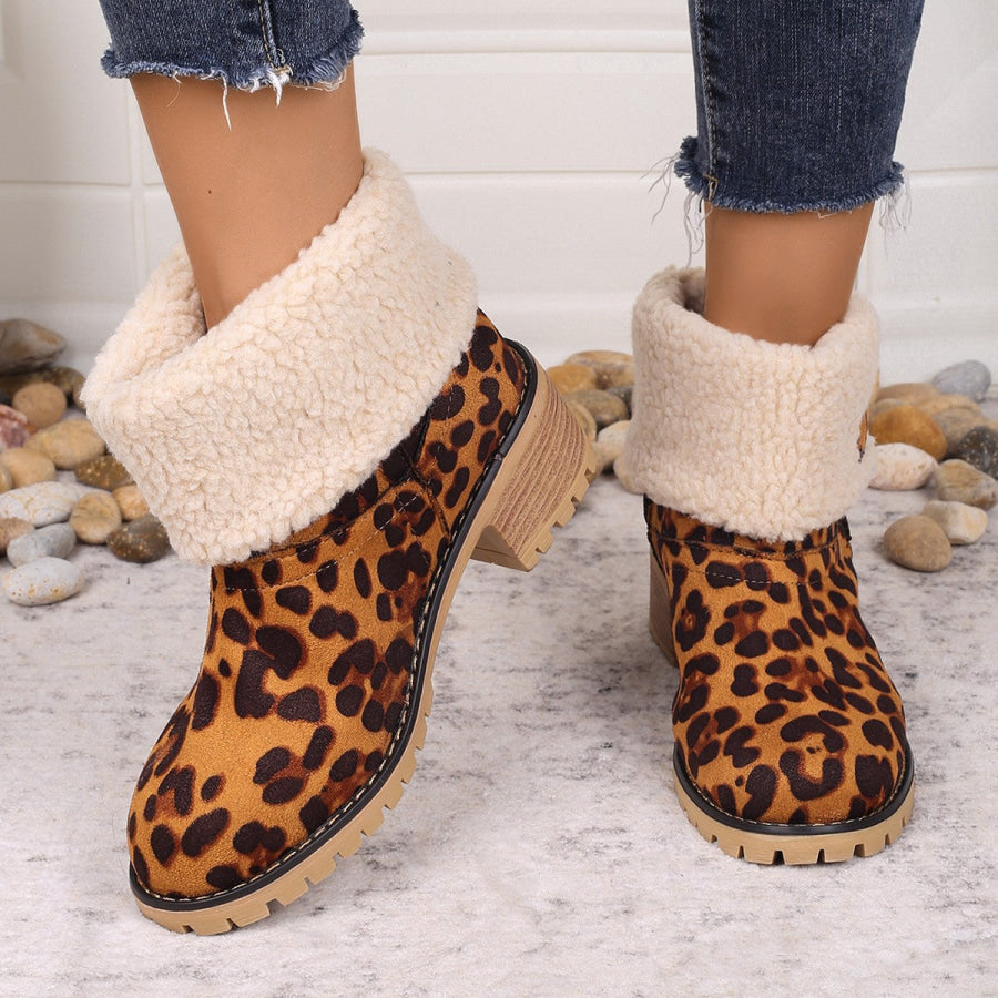 Leopard Block Heel Fuzzy Boots Caramel / 36(US5) Apparel and Accessories
