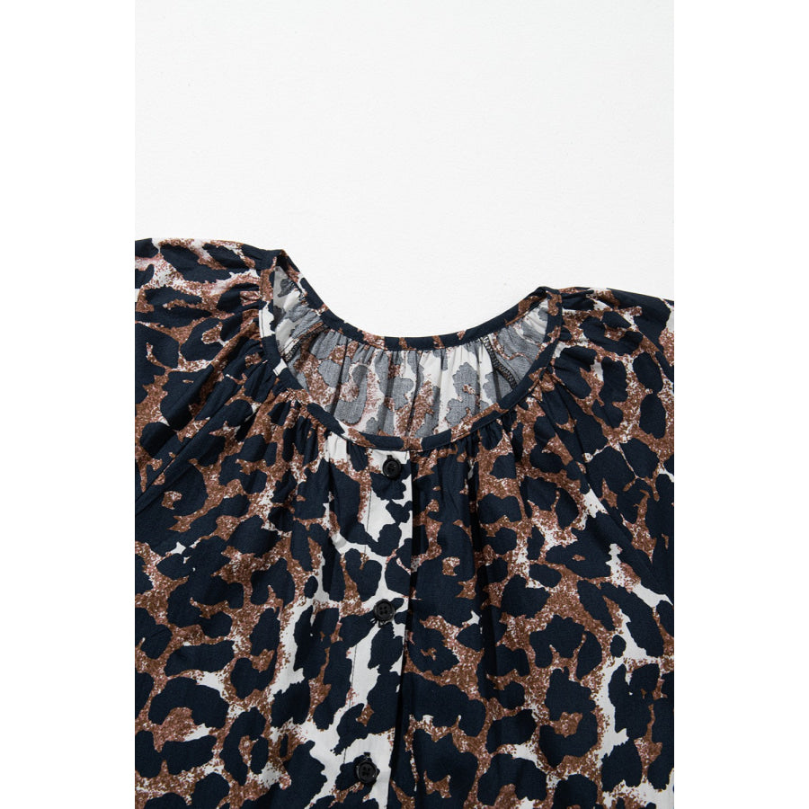 Leopard Button Up Half Sleeve Mini Dress Apparel and Accessories