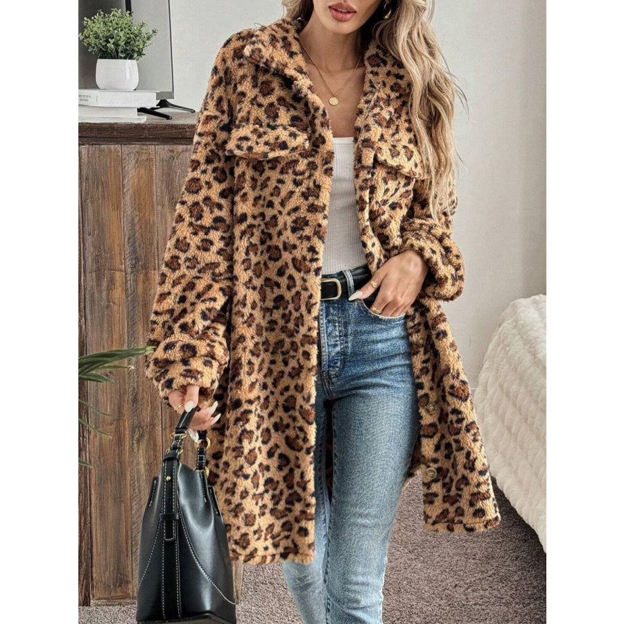Leopard Button Up Long Sleeve Fuzzy Coat Apparel and Accessories