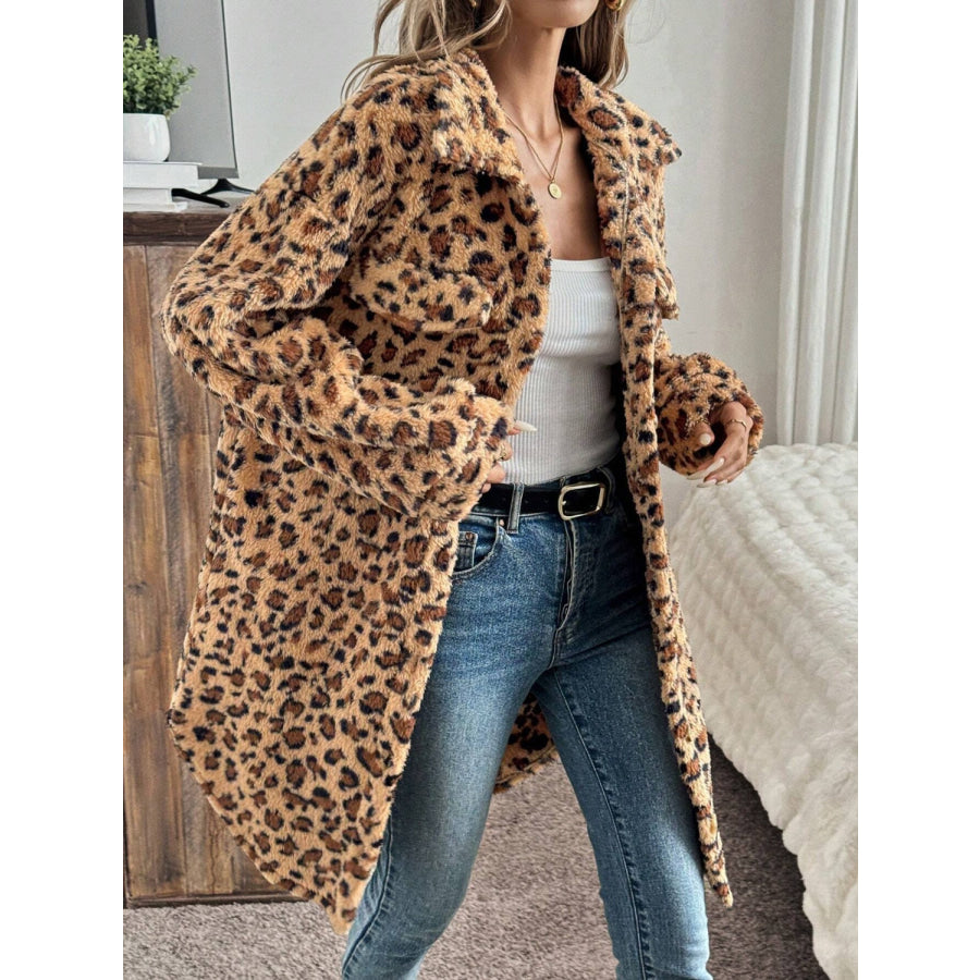 Leopard Button Up Long Sleeve Fuzzy Coat Apparel and Accessories