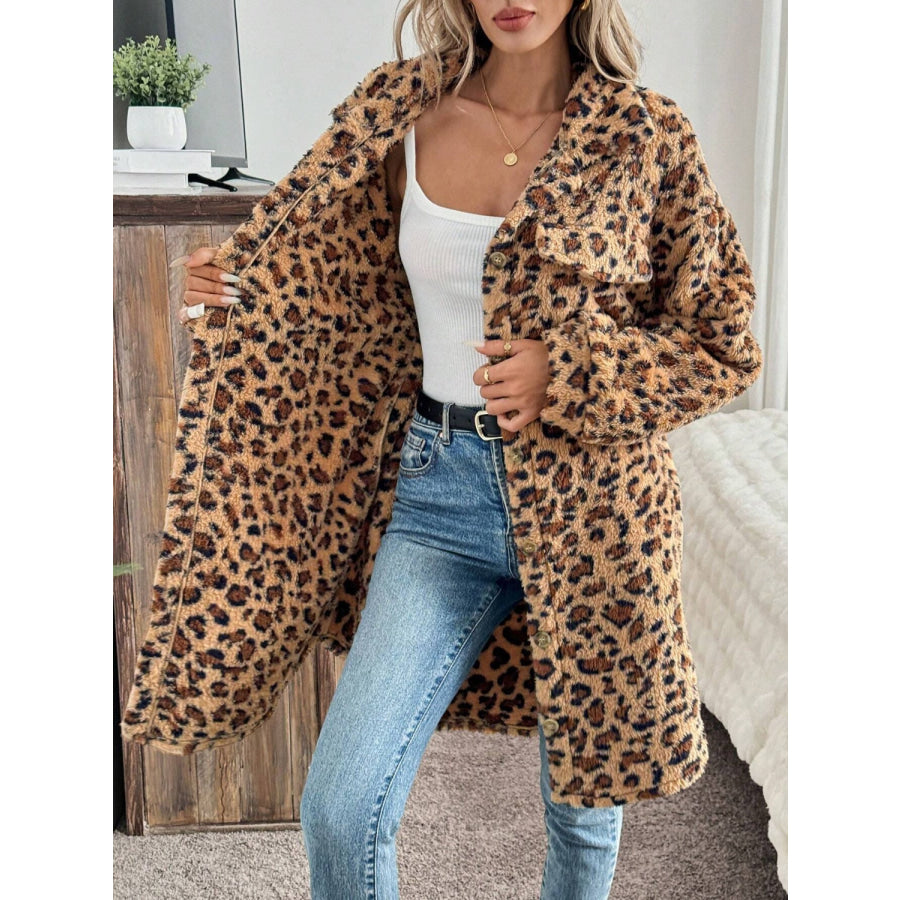 Leopard Button Up Long Sleeve Fuzzy Coat Apparel and Accessories