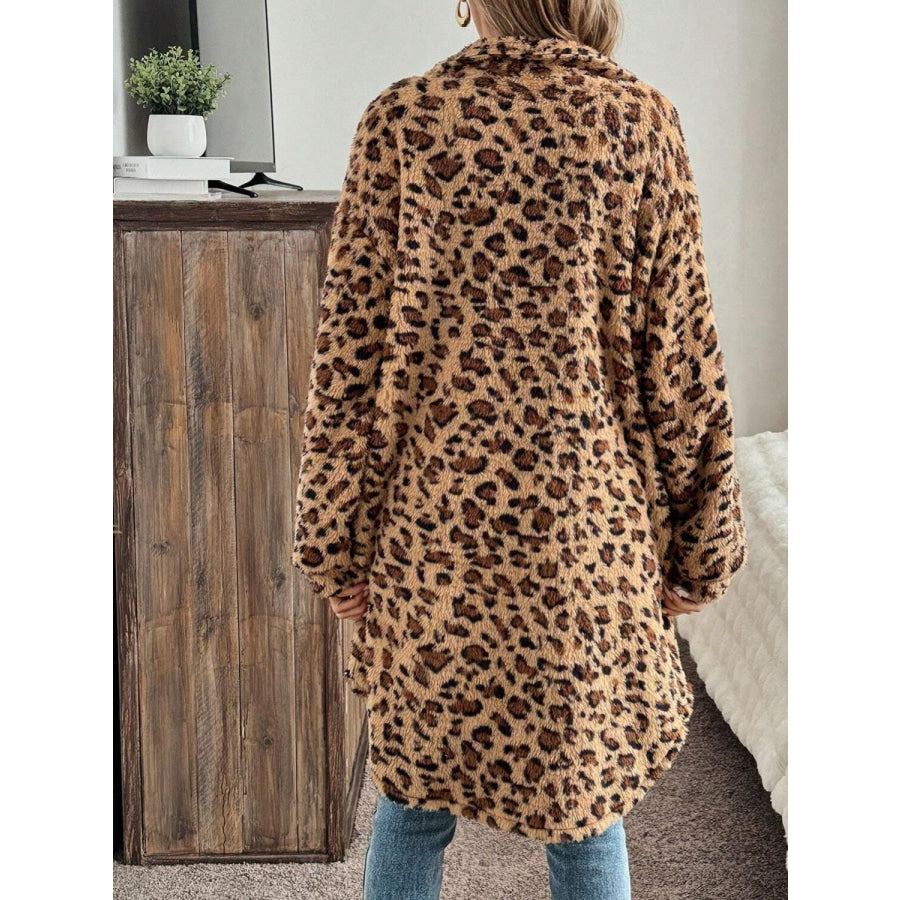 Leopard Button Up Long Sleeve Fuzzy Coat Apparel and Accessories