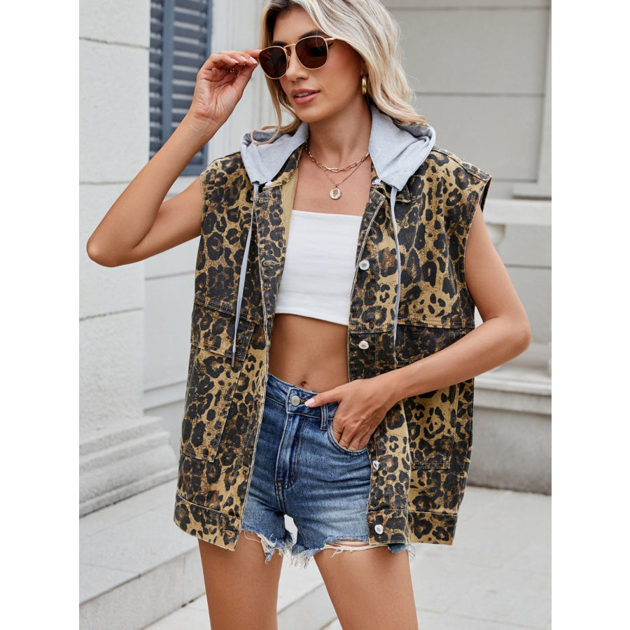 Leopard Buttton Up Denim Vest Removable hood / XS Apparel and Accessories