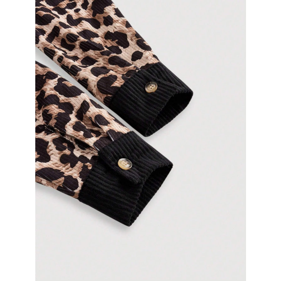 Leopard Collared Neck Button Up Shacket Apparel and Accessories