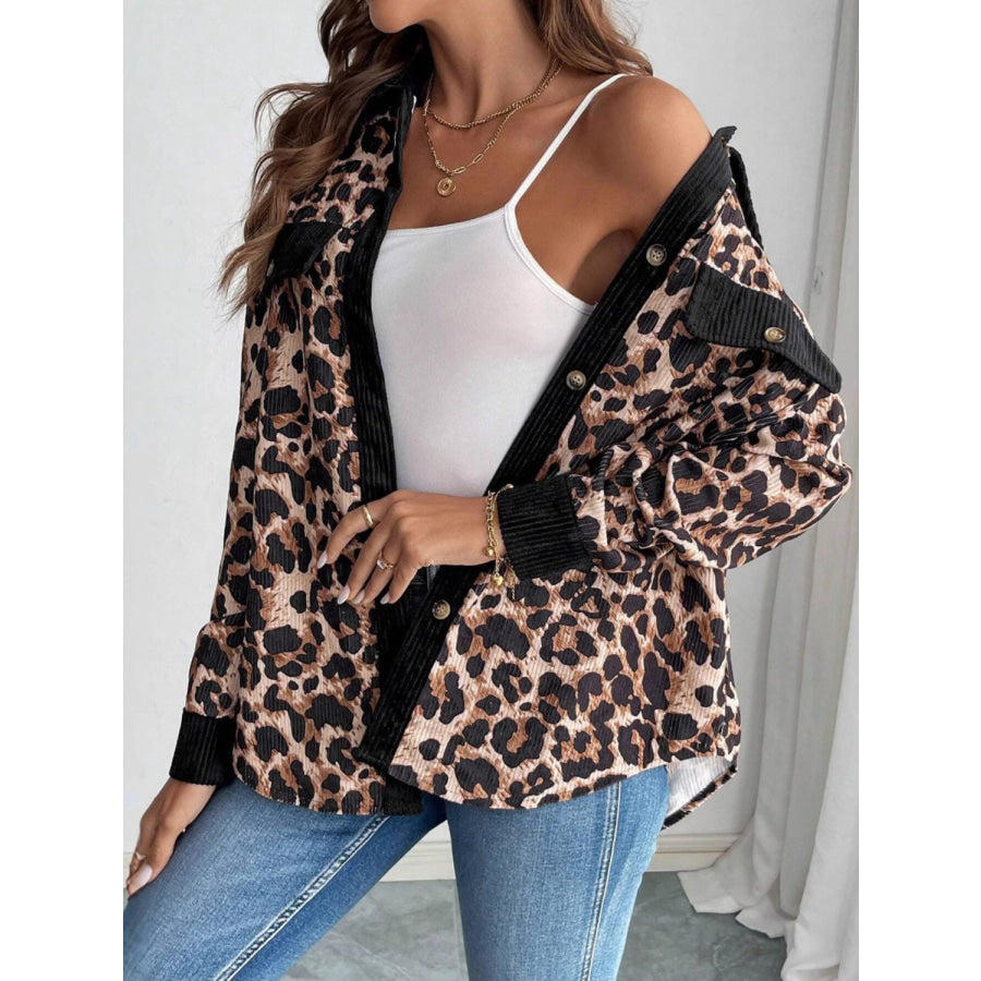 Leopard Collared Neck Button Up Shacket Apparel and Accessories