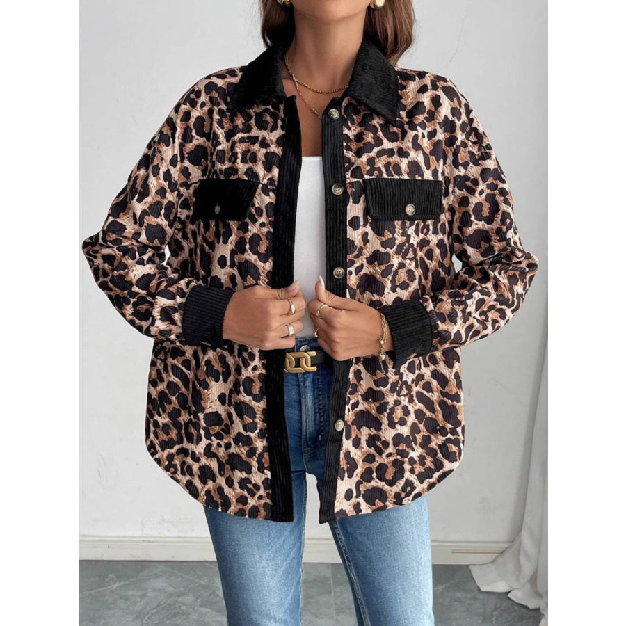 Leopard Collared Neck Button Up Shacket Apparel and Accessories