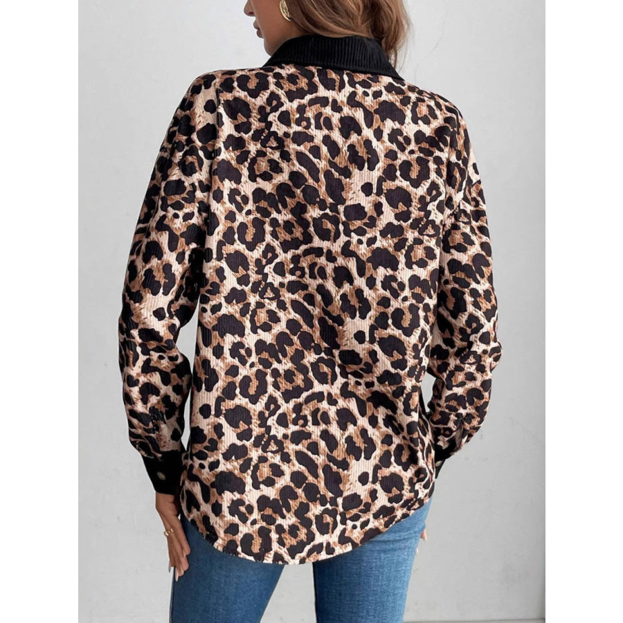 Leopard Collared Neck Button Up Shacket Apparel and Accessories