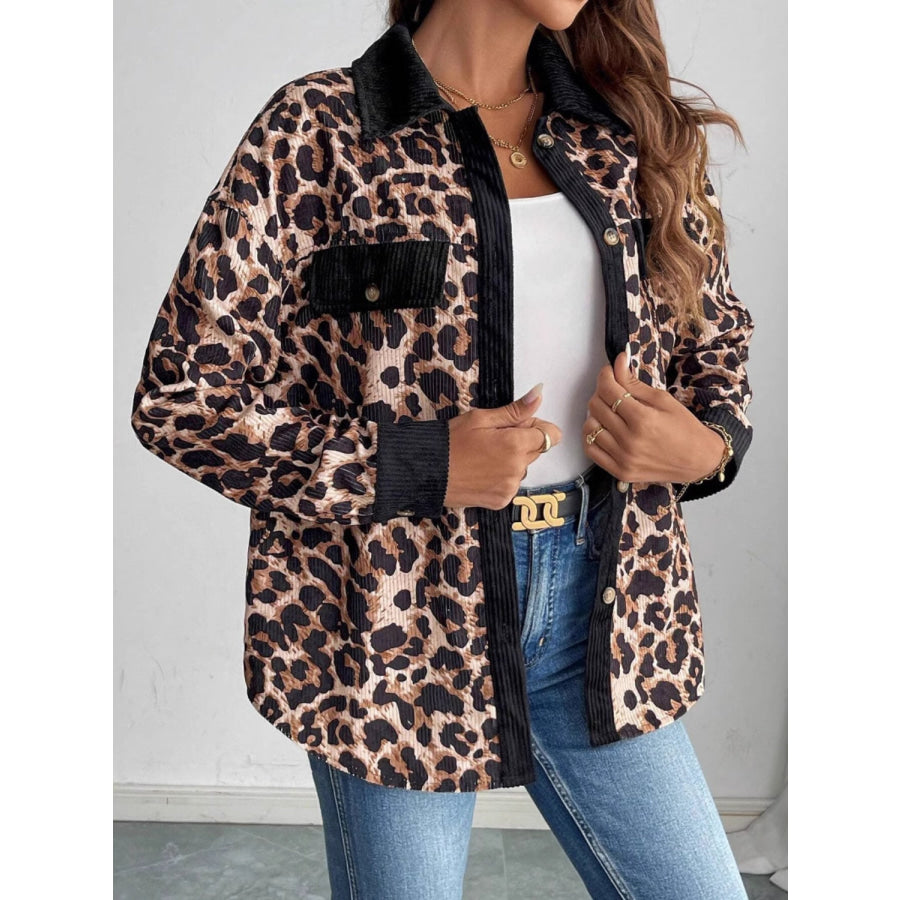 Leopard Collared Neck Button Up Shacket Apparel and Accessories