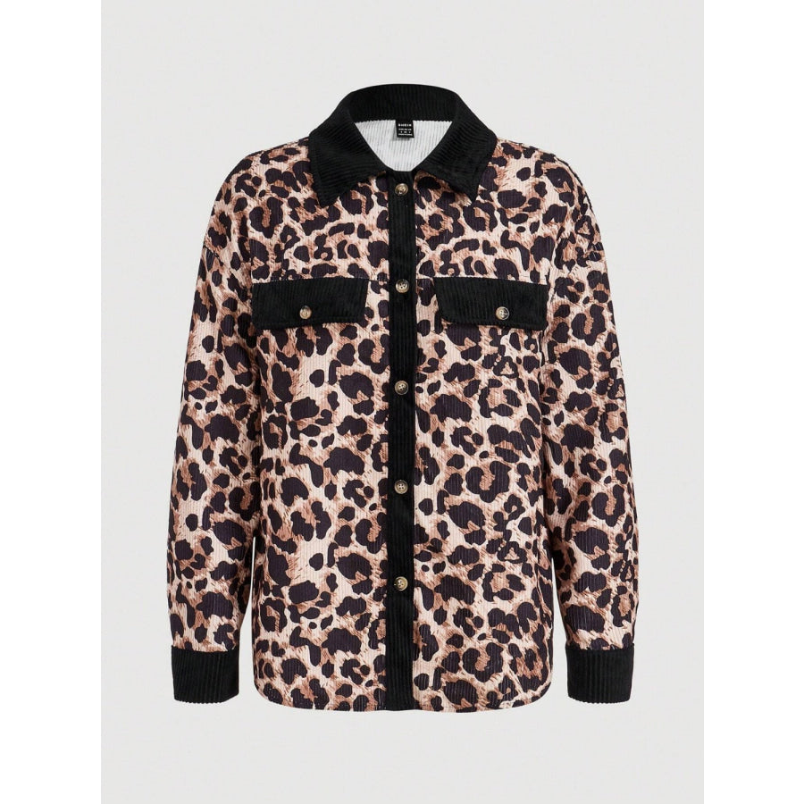 Leopard Collared Neck Button Up Shacket Apparel and Accessories