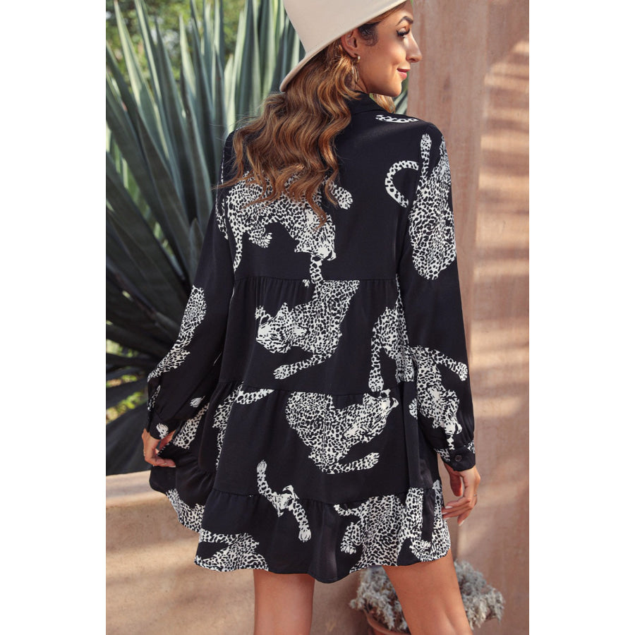 Leopard Collared Neck Long Sleeve Mini Dress Apparel and Accessories