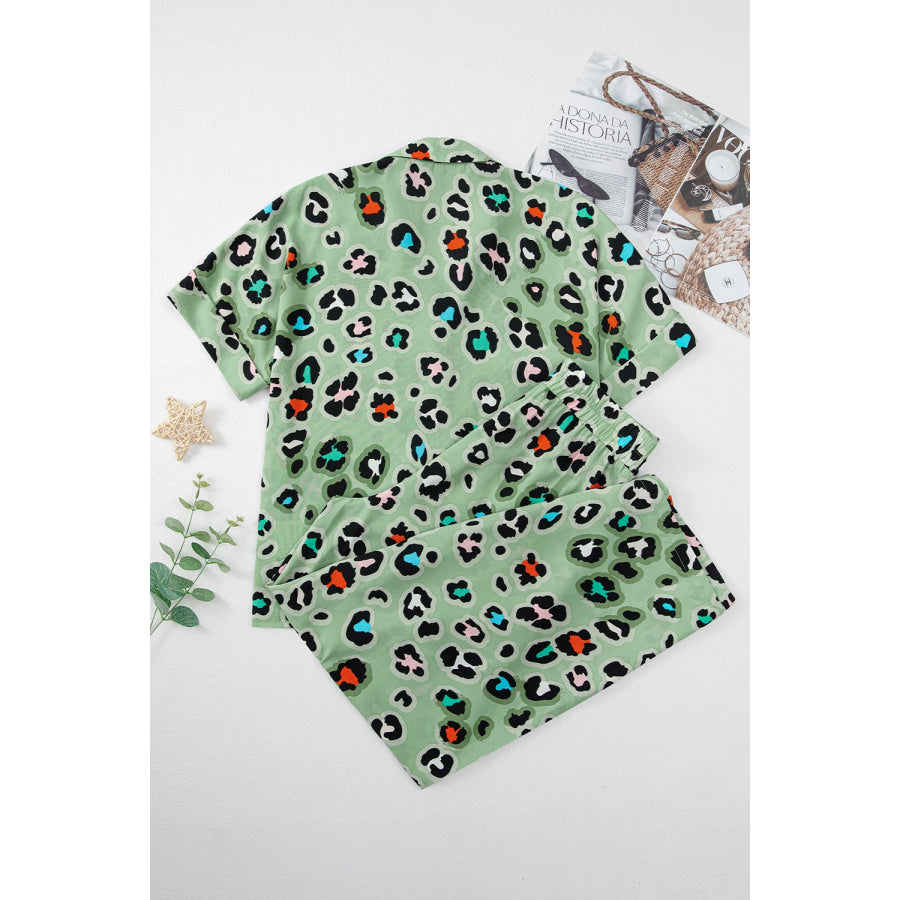 Leopard Collared Neck Top and Pants Set Apparel and Accessories