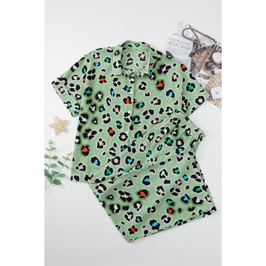 Leopard Collared Neck Top and Pants Set Apparel and Accessories