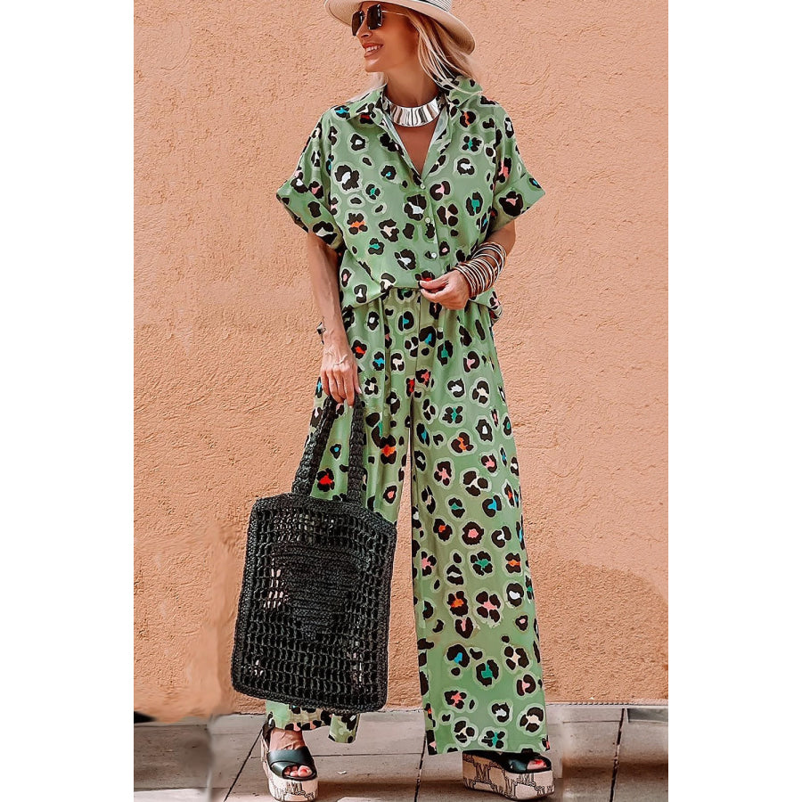 Leopard Collared Neck Top and Pants Set Apparel and Accessories