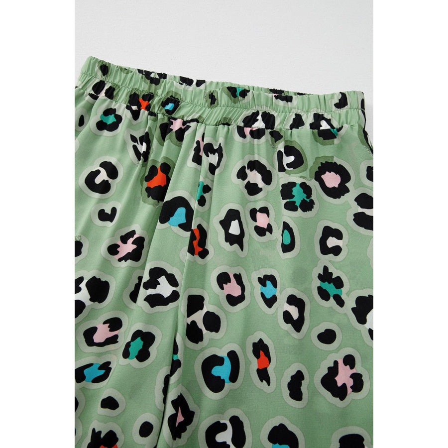 Leopard Collared Neck Top and Pants Set Apparel and Accessories