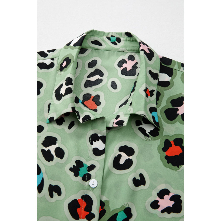 Leopard Collared Neck Top and Pants Set Apparel and Accessories