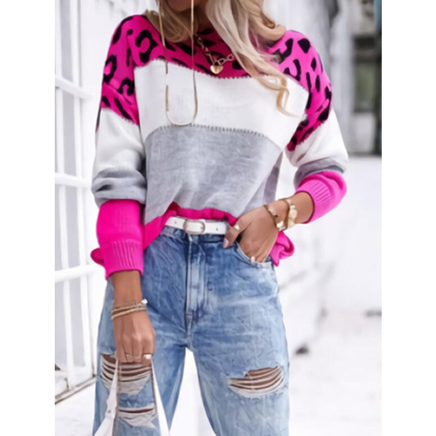 Leopard Color Block Round Neck Long Sleeve Sweater Apparel and Accessories